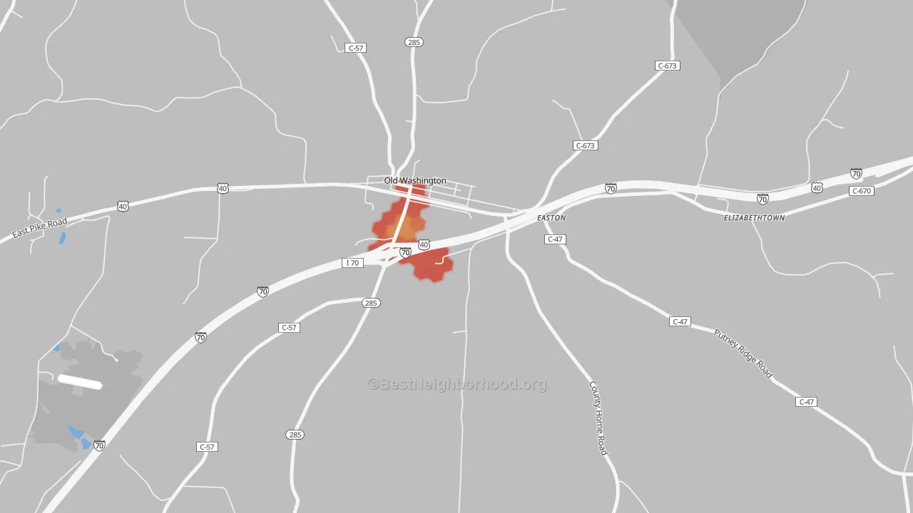 Walk Grade map of Old Washington, OH, walkable areas in green and car-dependent areas in red