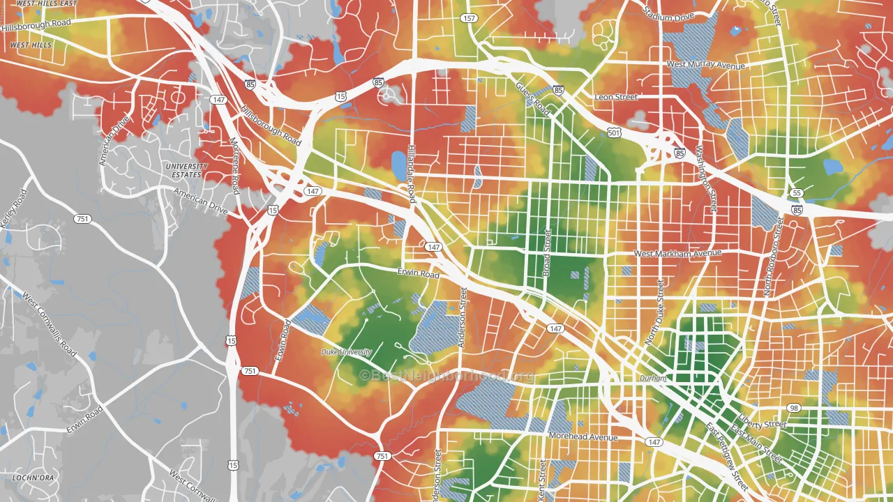 Walk Grade map of Old West Durham, Durham, NC, walkable areas in green and car-dependent areas in red