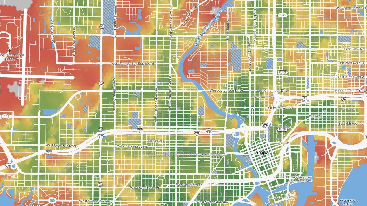 Walk Grade map of Old West Tampa, Tampa, FL, walkable areas in green and car-dependent areas in red