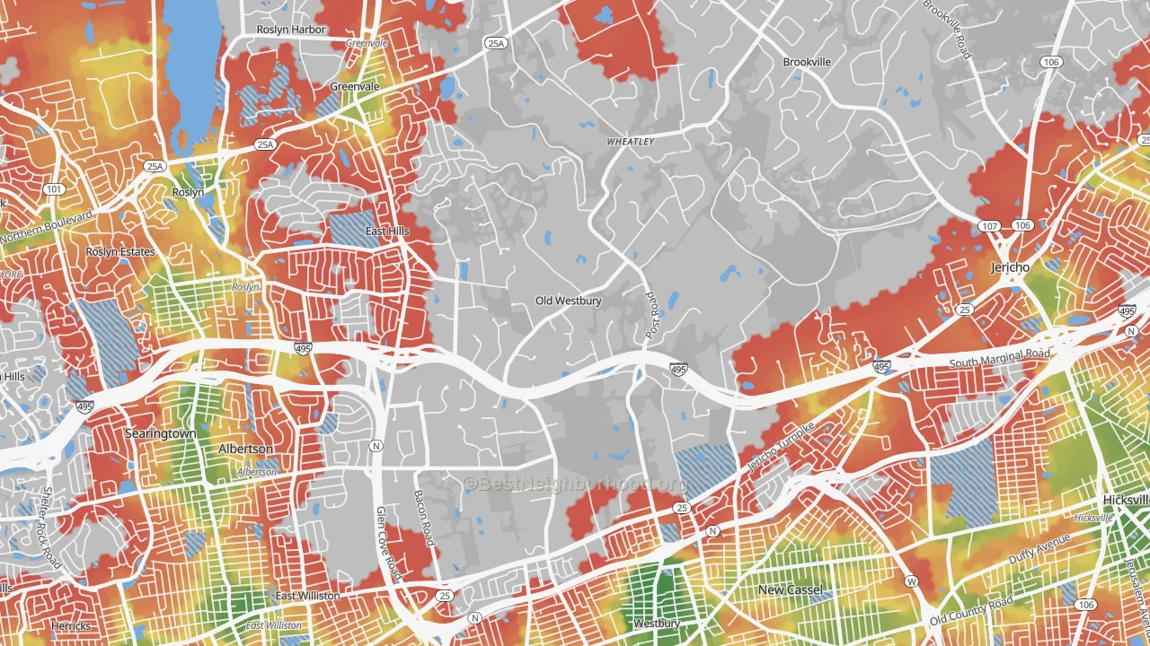Walk Grade map of Old Westbury, NY, walkable areas in green and car-dependent areas in red