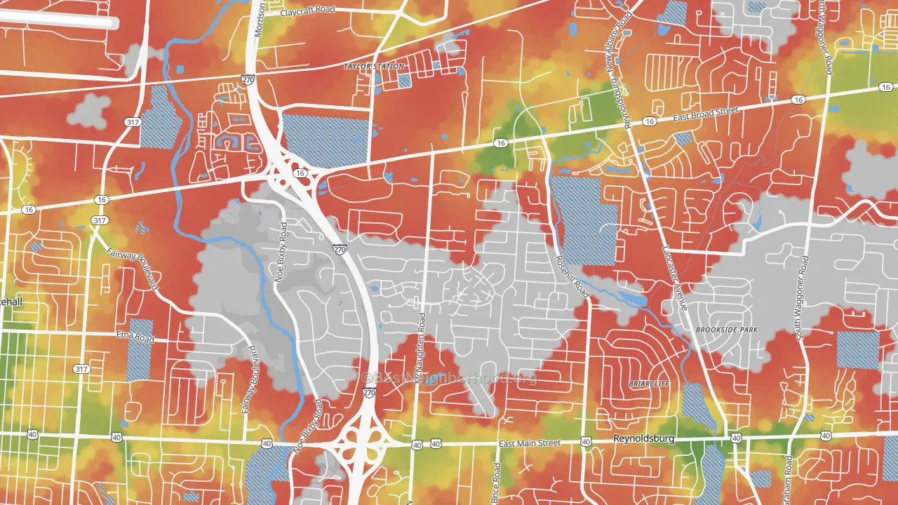 Walk Grade map of Olde Orchard, Columbus, OH, walkable areas in green and car-dependent areas in red