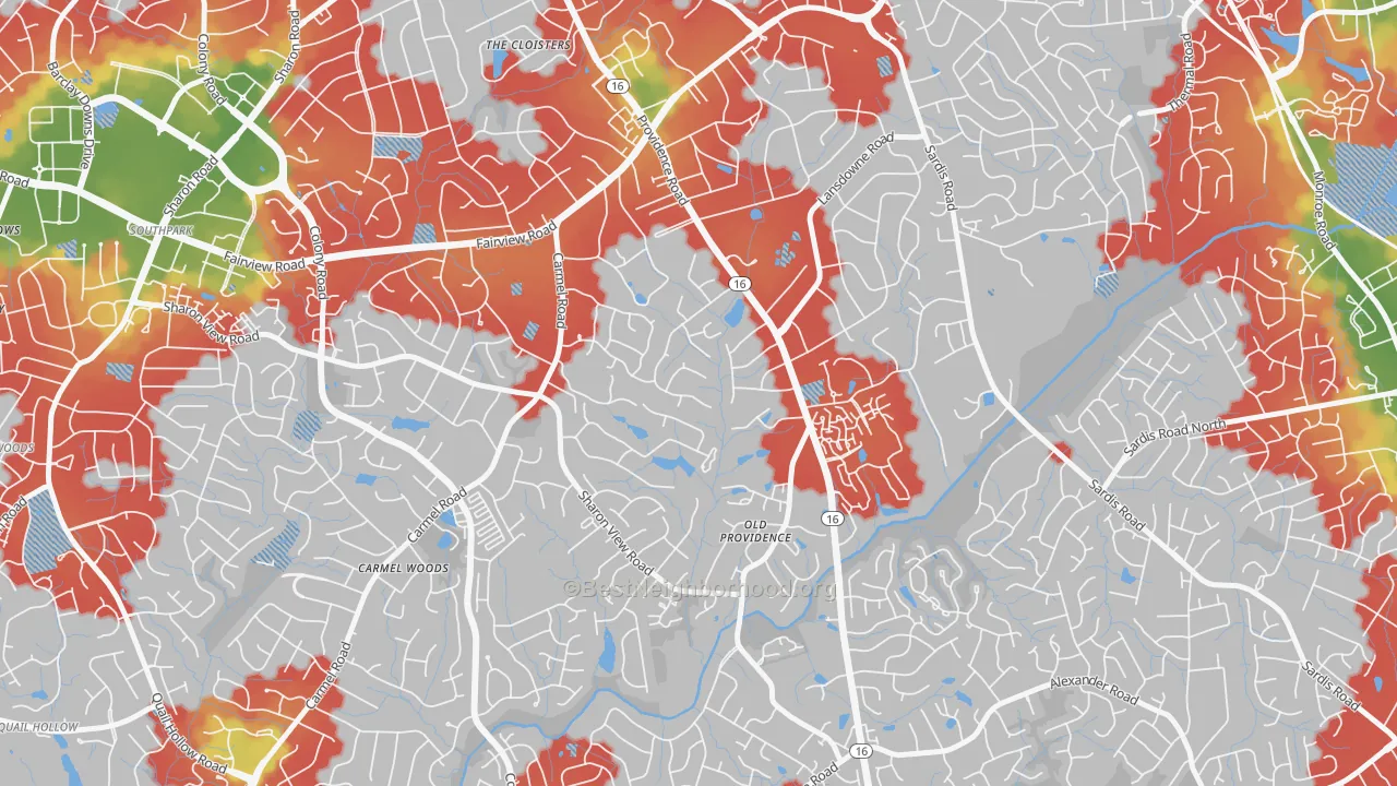 Walk Grade map of Olde Providence North, Charlotte, NC, walkable areas in green and car-dependent areas in red