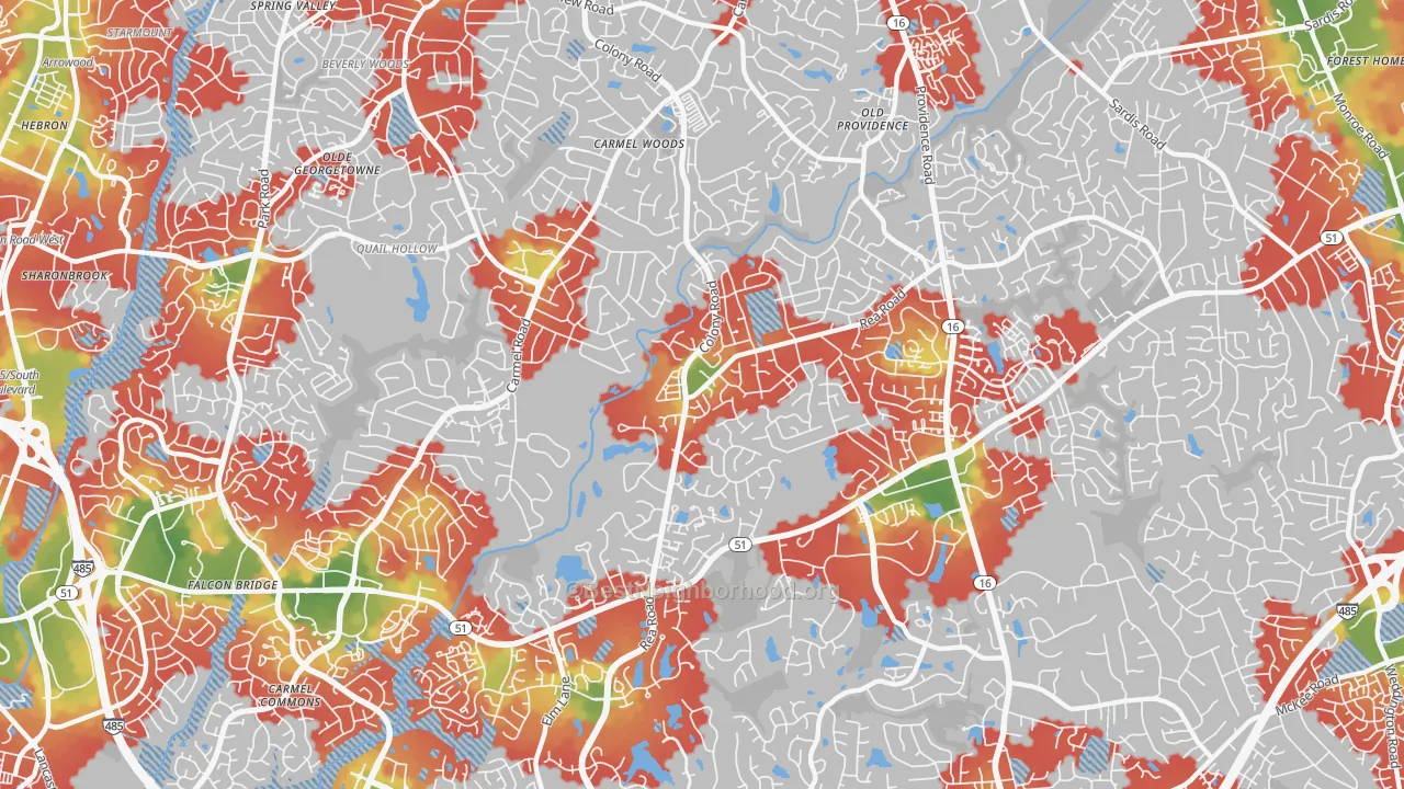 Walk Grade map of Olde Providence South, Charlotte, NC, walkable areas in green and car-dependent areas in red