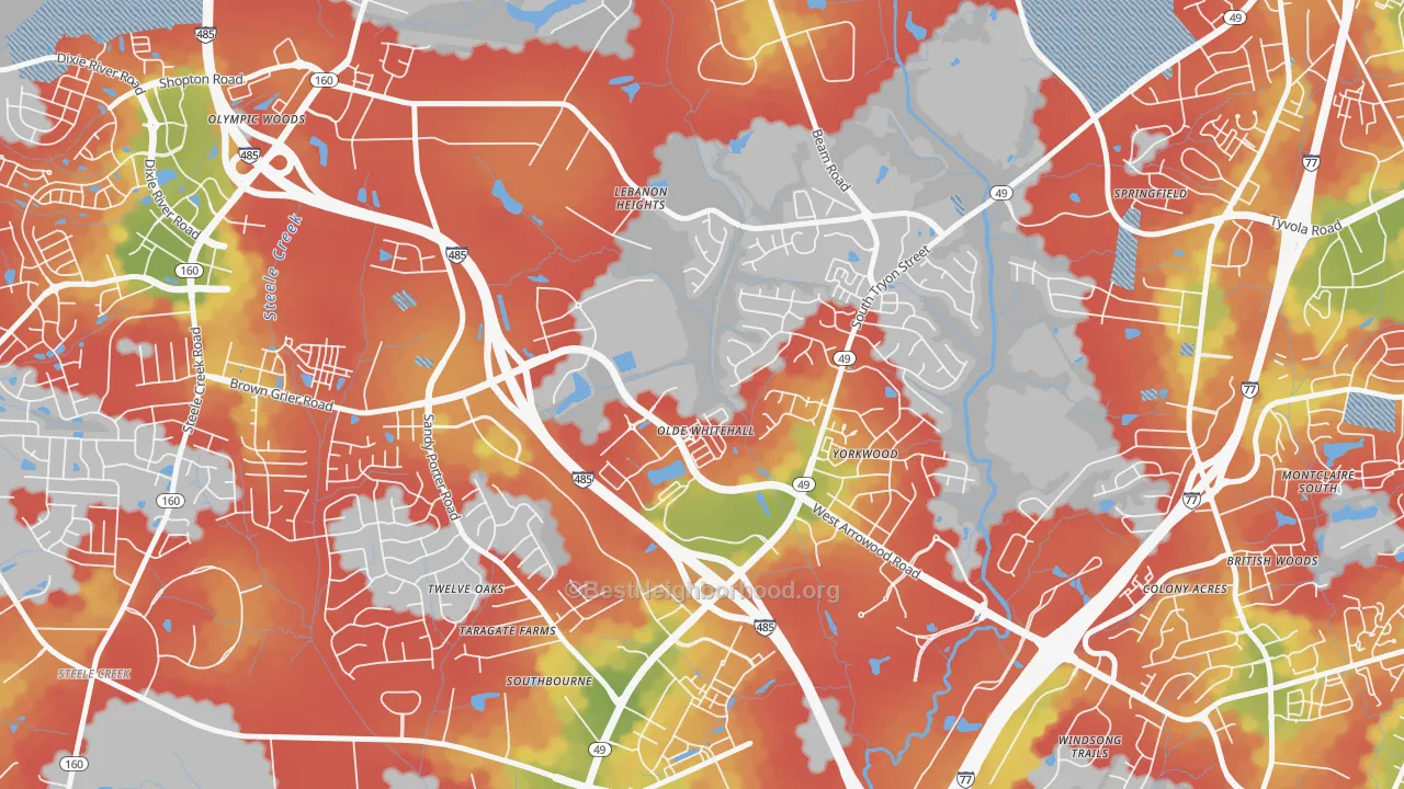Walk Grade map of Olde Whitehall, Charlotte, NC, walkable areas in green and car-dependent areas in red