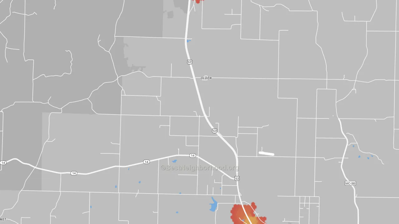 Walk Grade map of Olden, MO, walkable areas in green and car-dependent areas in red