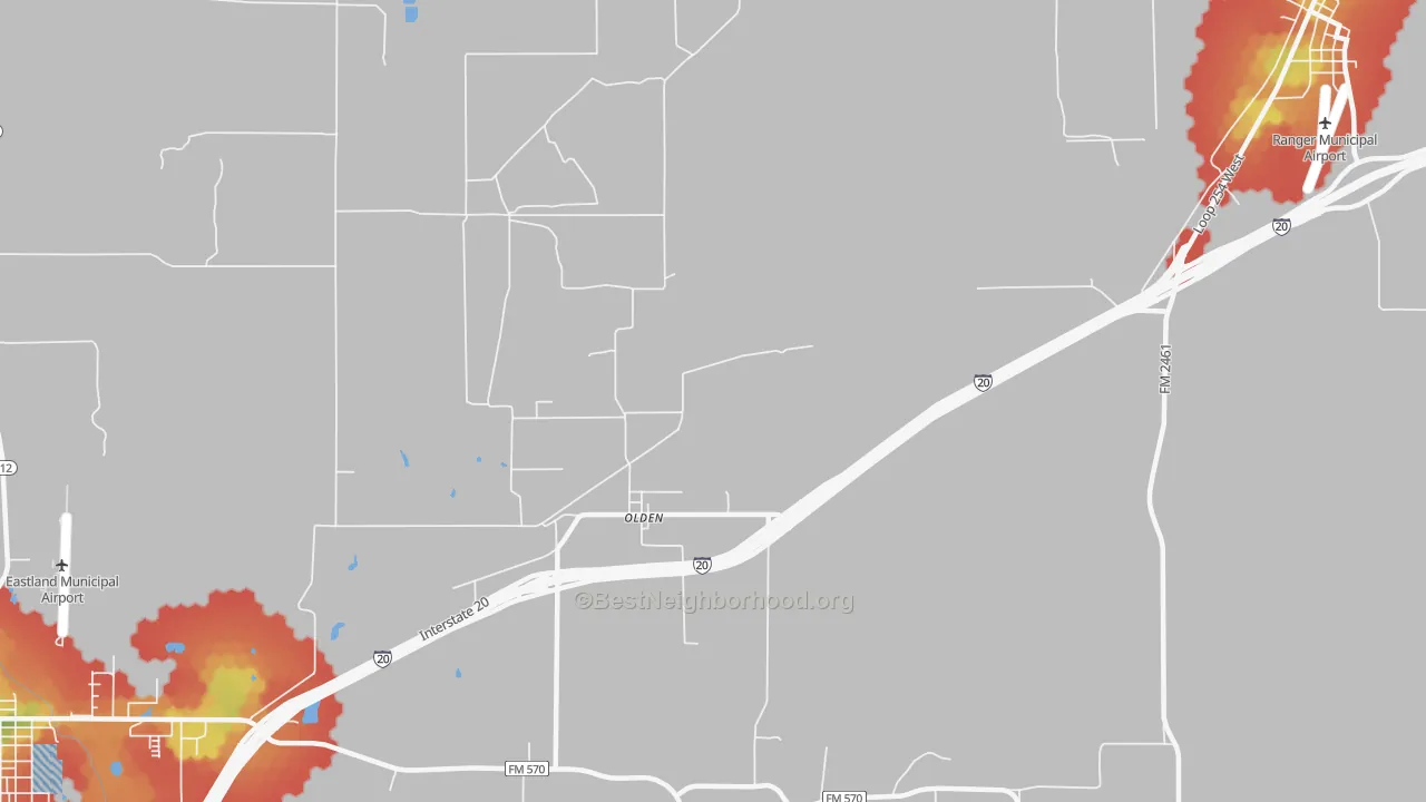 Walk Grade map of Olden, TX, walkable areas in green and car-dependent areas in red