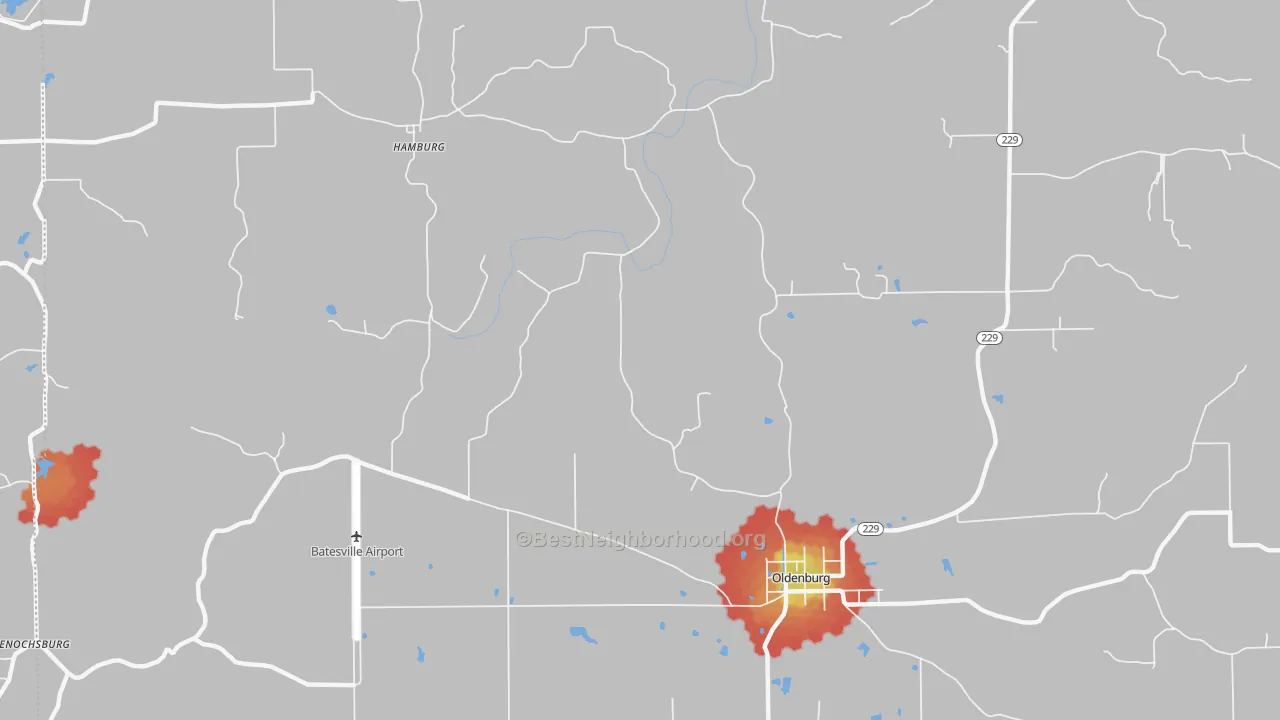 Walk Grade map of Oldenburg, IN, walkable areas in green and car-dependent areas in red