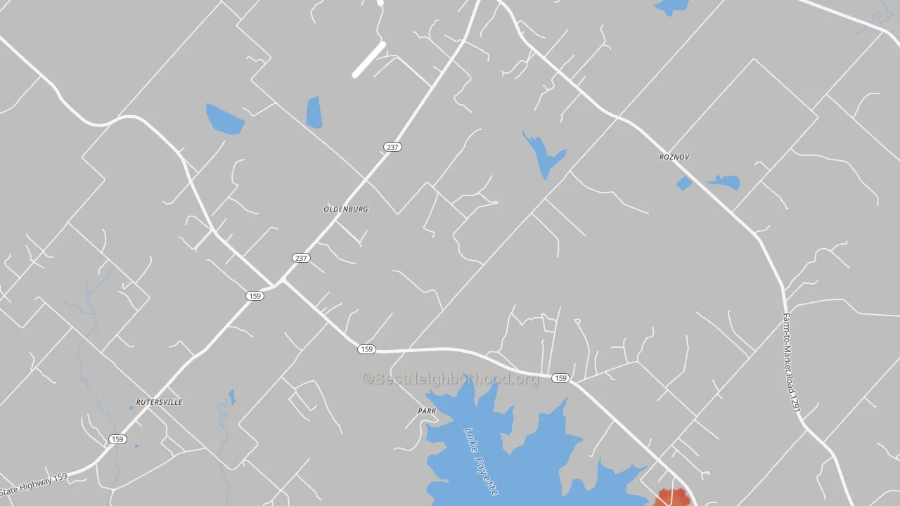 Walk Grade map of Oldenburg, TX, walkable areas in green and car-dependent areas in red