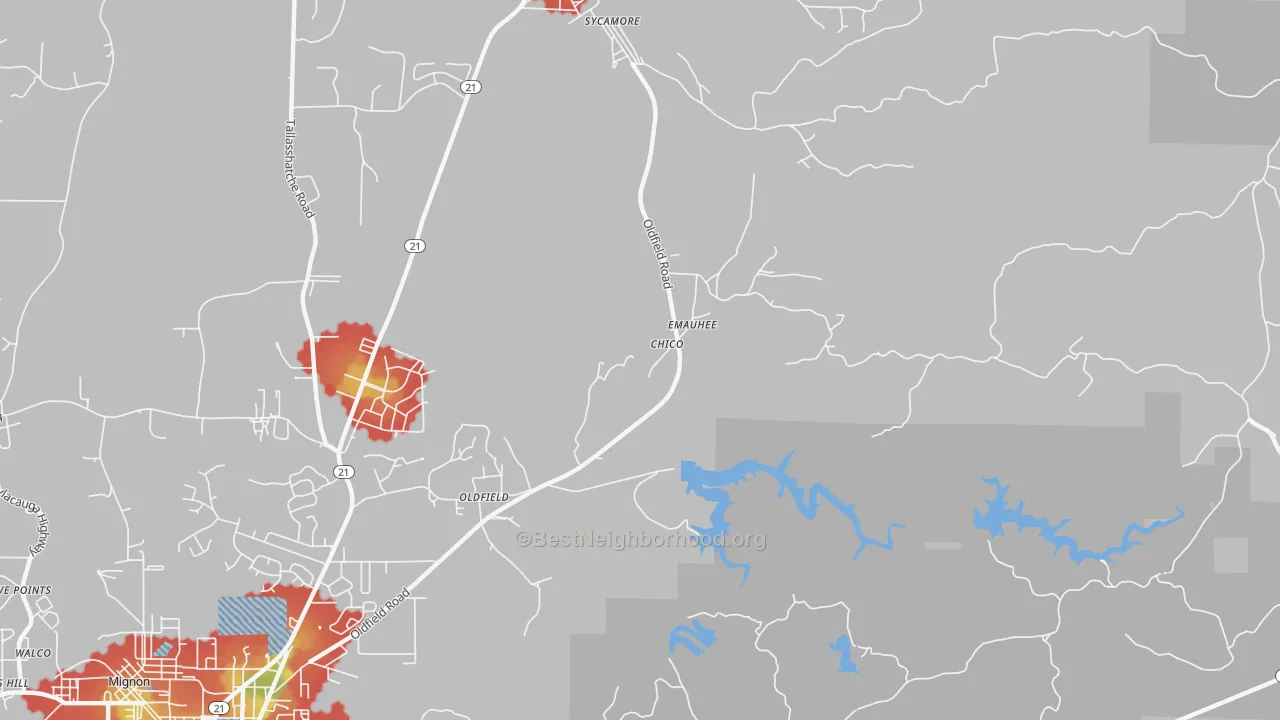 Walk Grade map of Oldfield, AL, walkable areas in green and car-dependent areas in red