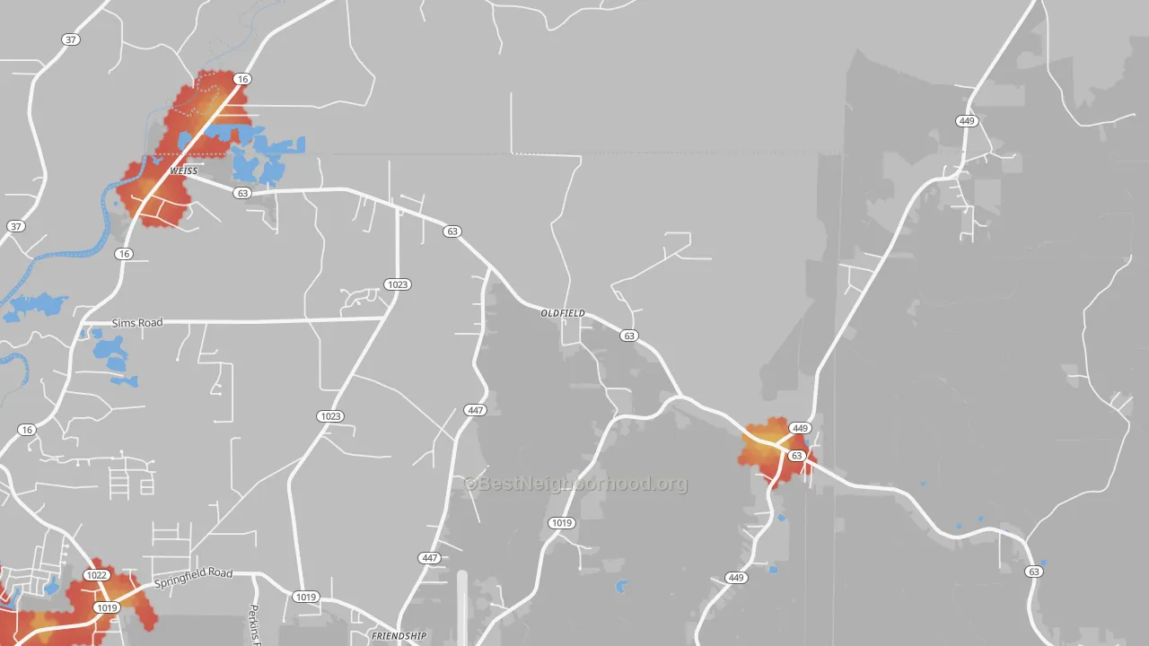 Walk Grade map of Oldfield, LA, walkable areas in green and car-dependent areas in red
