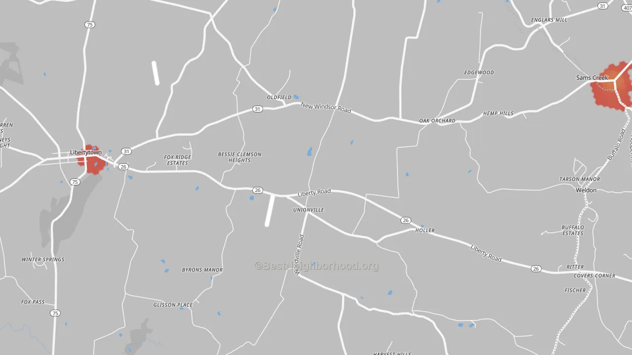 Walk Grade map of Oldfield, MD, walkable areas in green and car-dependent areas in red