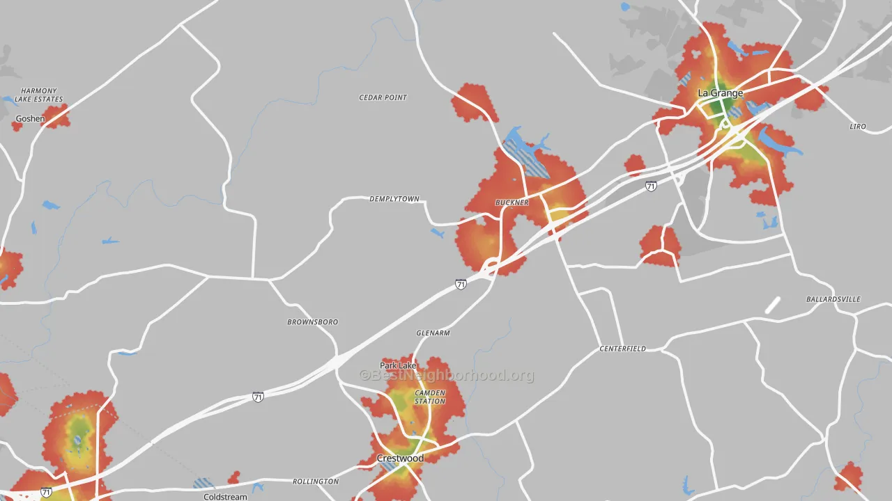 Walk Grade map of Oldham County, KY, walkable areas in green and car-dependent areas in red