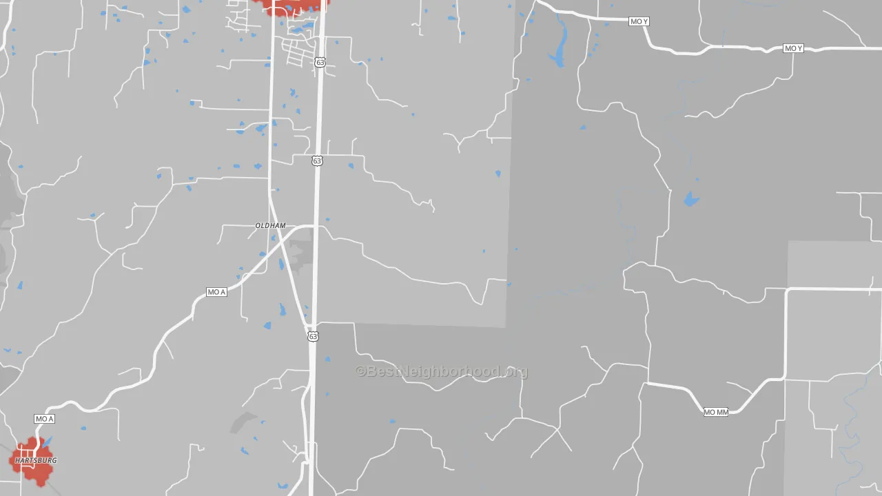 Walk Grade map of Oldham, MO, walkable areas in green and car-dependent areas in red