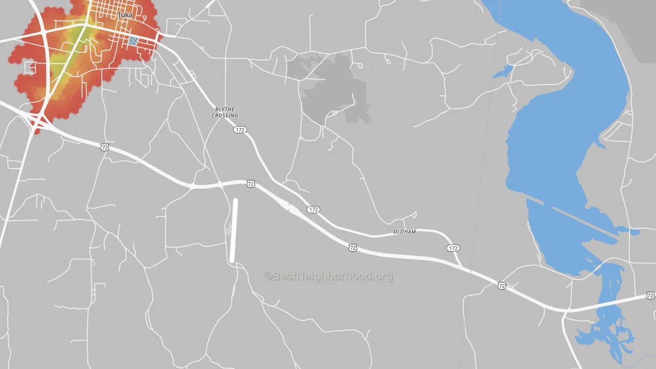 Walk Grade map of Oldham, MS, walkable areas in green and car-dependent areas in red