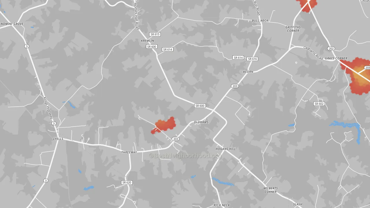 Walk Grade map of Oldhams, VA, walkable areas in green and car-dependent areas in red