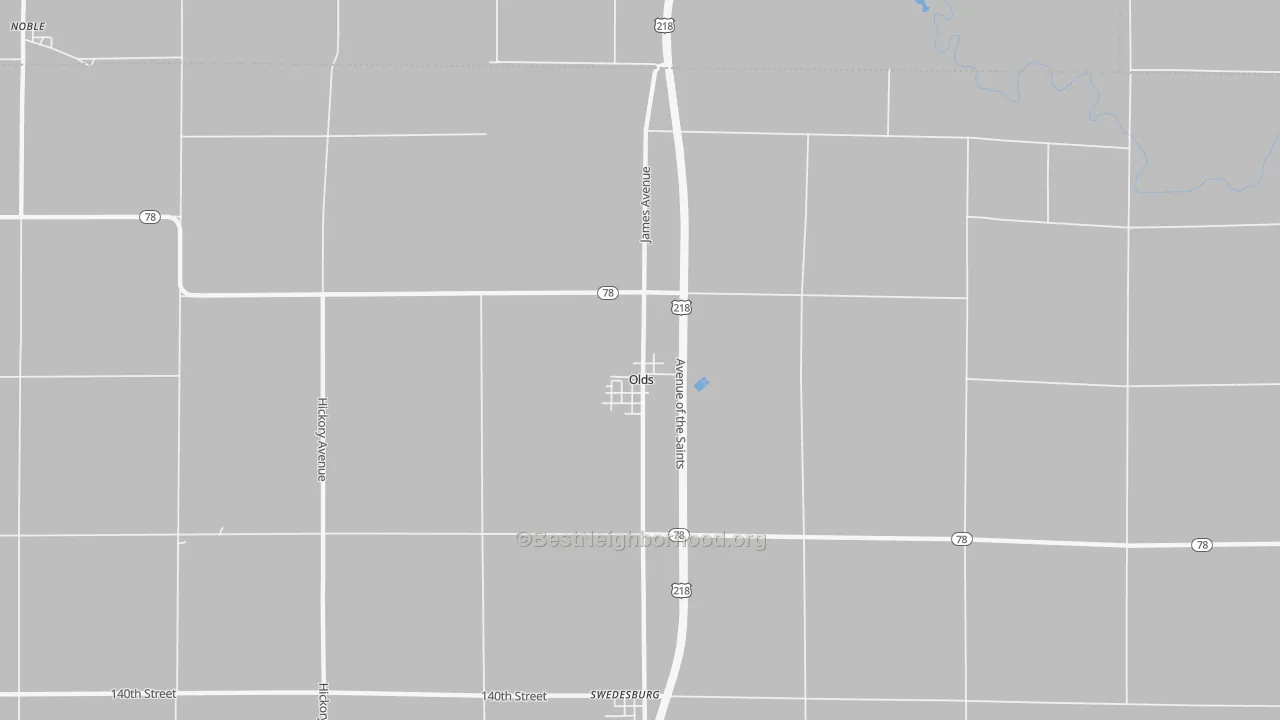 Walk Grade map of Olds, IA, walkable areas in green and car-dependent areas in red