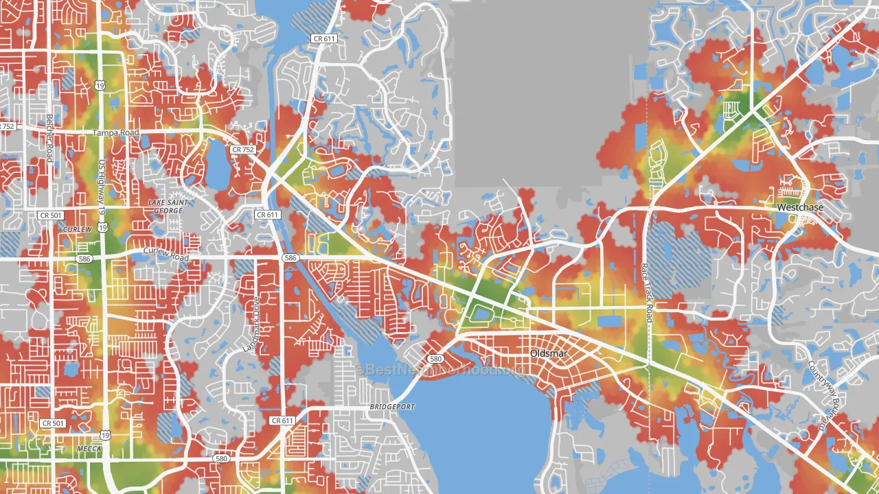 Walk Grade map of Oldsmar, FL, walkable areas in green and car-dependent areas in red