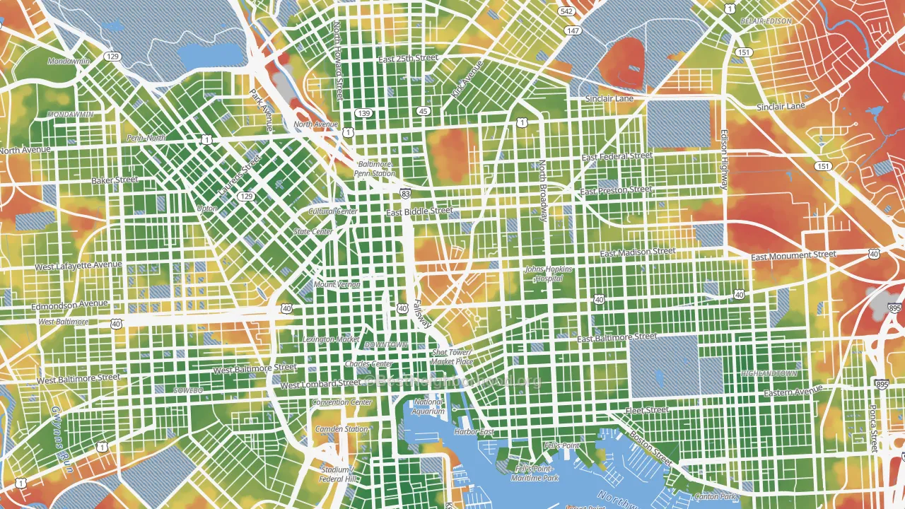 Walk Grade map of Oldtown, Baltimore, MD, walkable areas in green and car-dependent areas in red