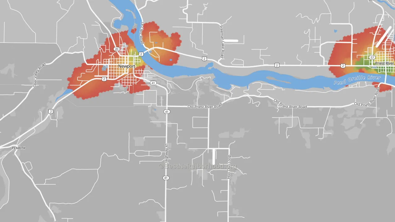 Walk Grade map of Oldtown, ID, walkable areas in green and car-dependent areas in red