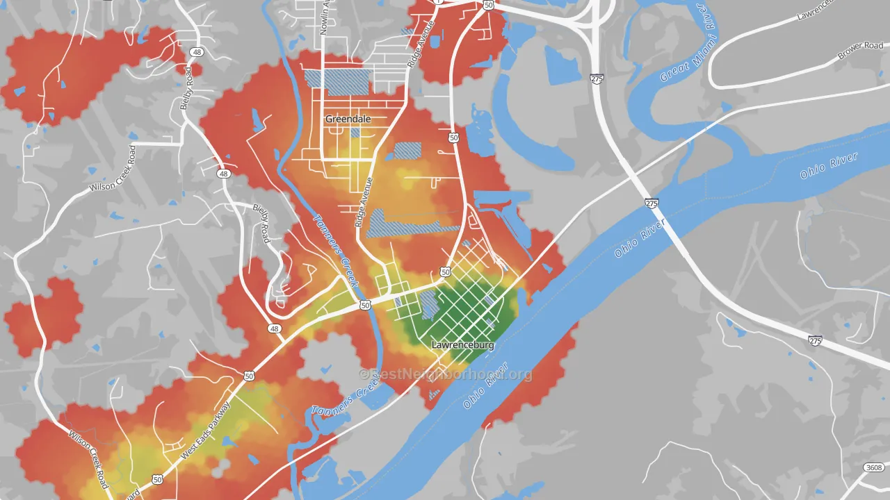 Walk Grade map of Oldtown, IN, walkable areas in green and car-dependent areas in red