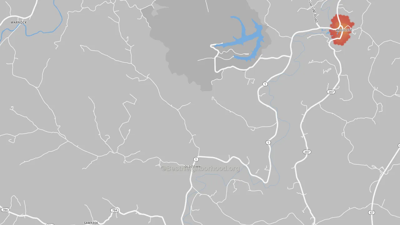Walk Grade map of Oldtown, KY, walkable areas in green and car-dependent areas in red