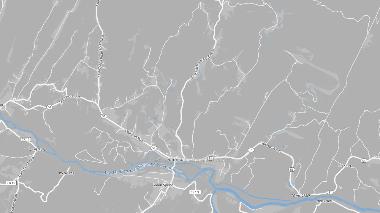 Walk Grade map of Oldtown, MD, walkable areas in green and car-dependent areas in red