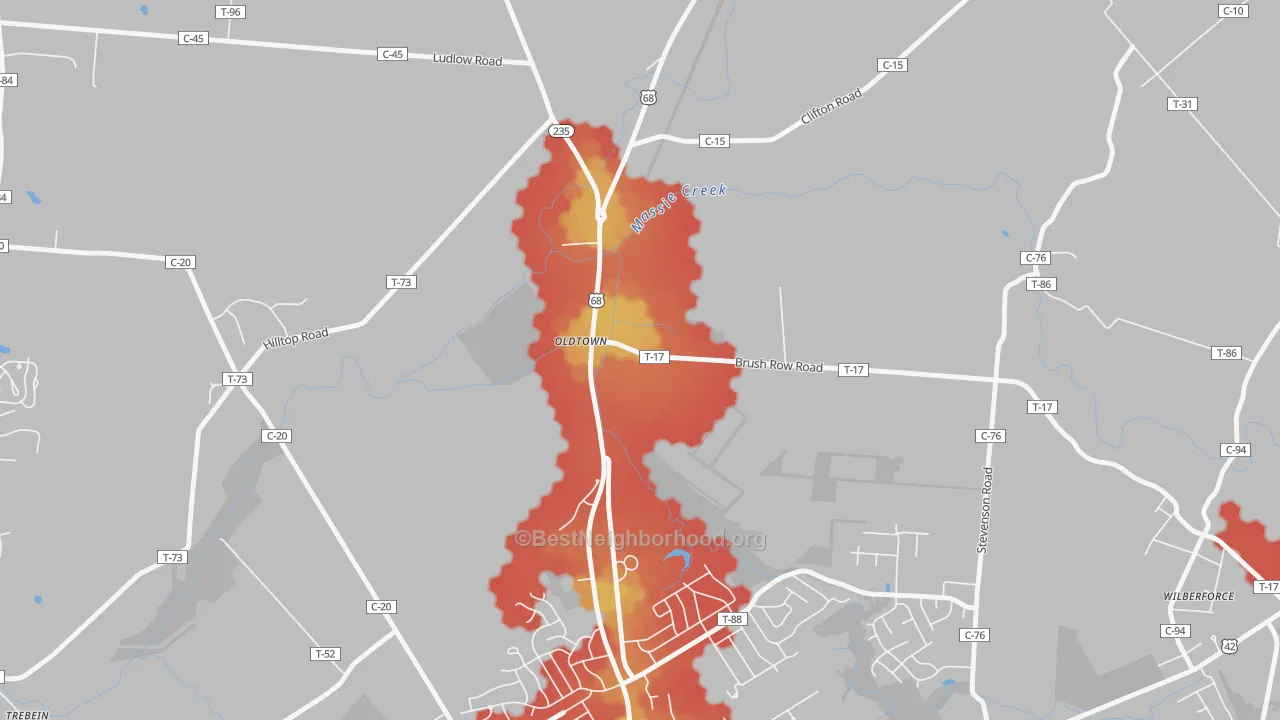 Walk Grade map of Oldtown, OH, walkable areas in green and car-dependent areas in red