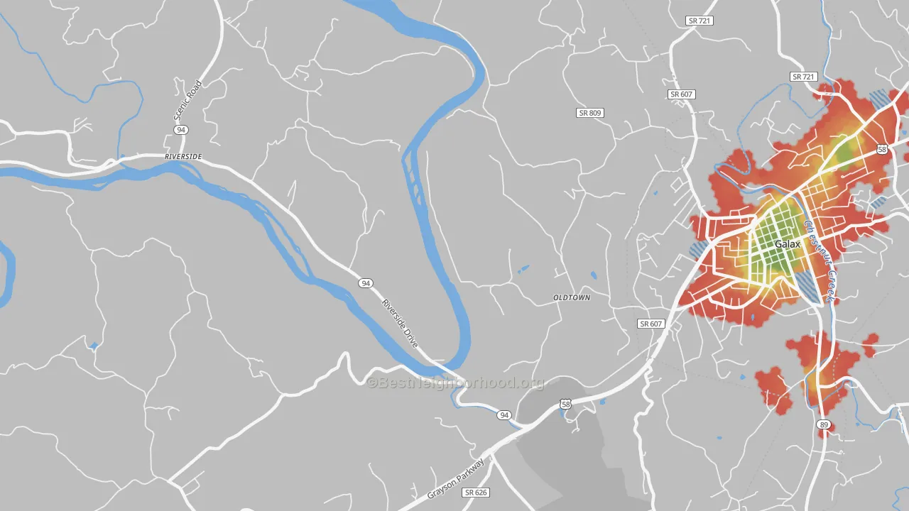 Walk Grade map of Oldtown, VA, walkable areas in green and car-dependent areas in red