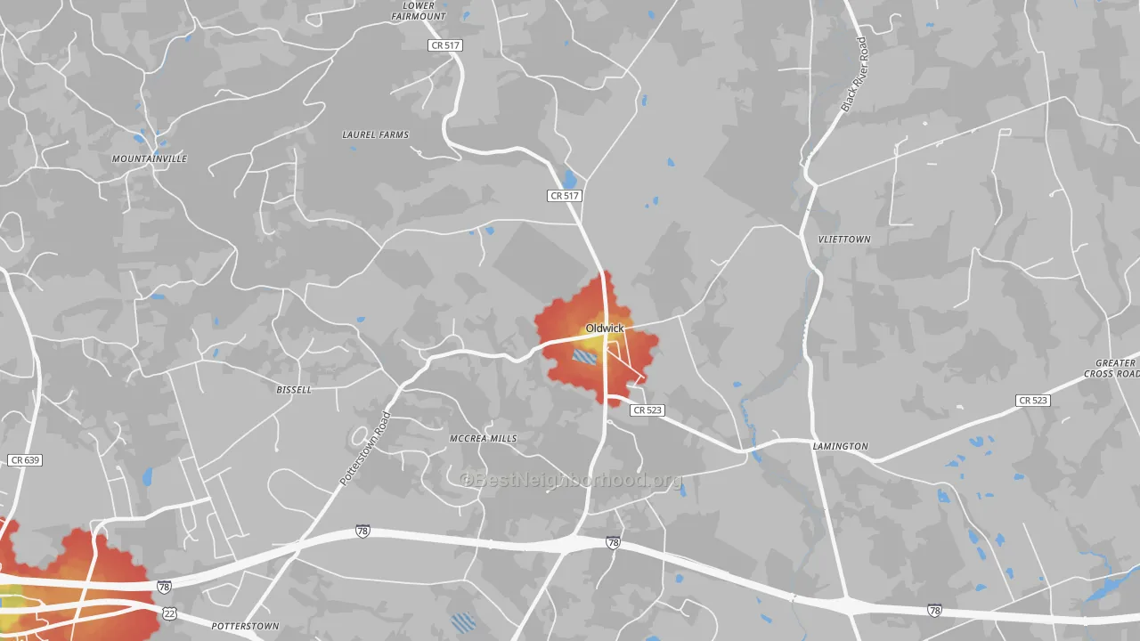 Walk Grade map of Oldwick, NJ, walkable areas in green and car-dependent areas in red