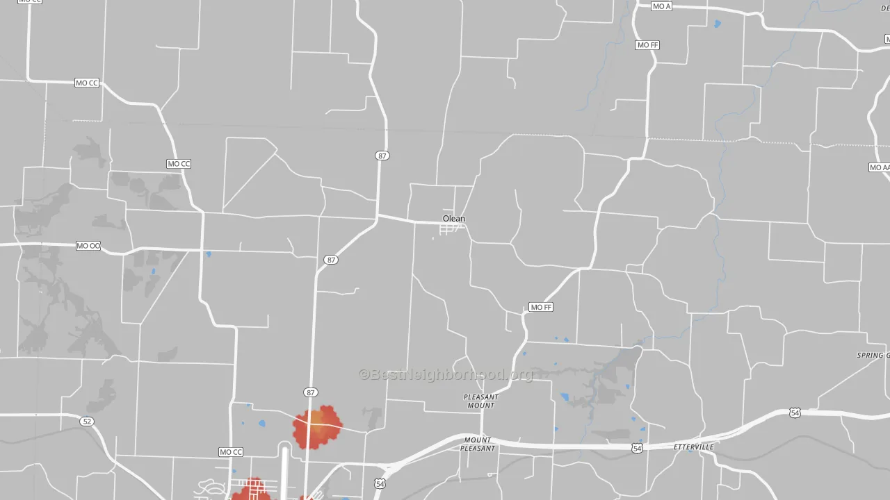 Walk Grade map of Olean, MO, walkable areas in green and car-dependent areas in red