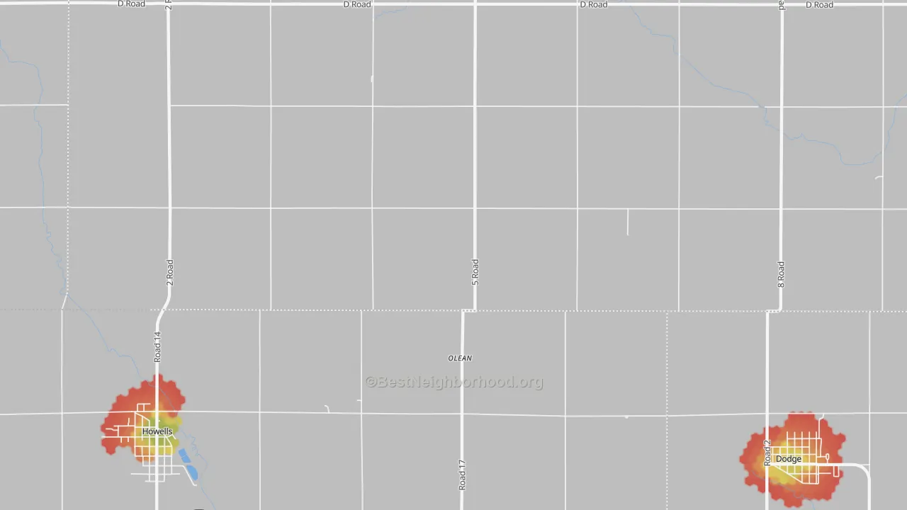 Walk Grade map of Olean, NE, walkable areas in green and car-dependent areas in red