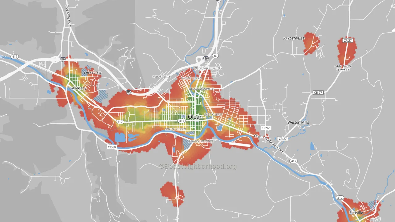 Walk Grade map of Olean, NY, walkable areas in green and car-dependent areas in red