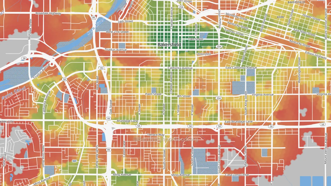 Walk Grade map of Oleander Sunset, Bakersfield, CA, walkable areas in green and car-dependent areas in red