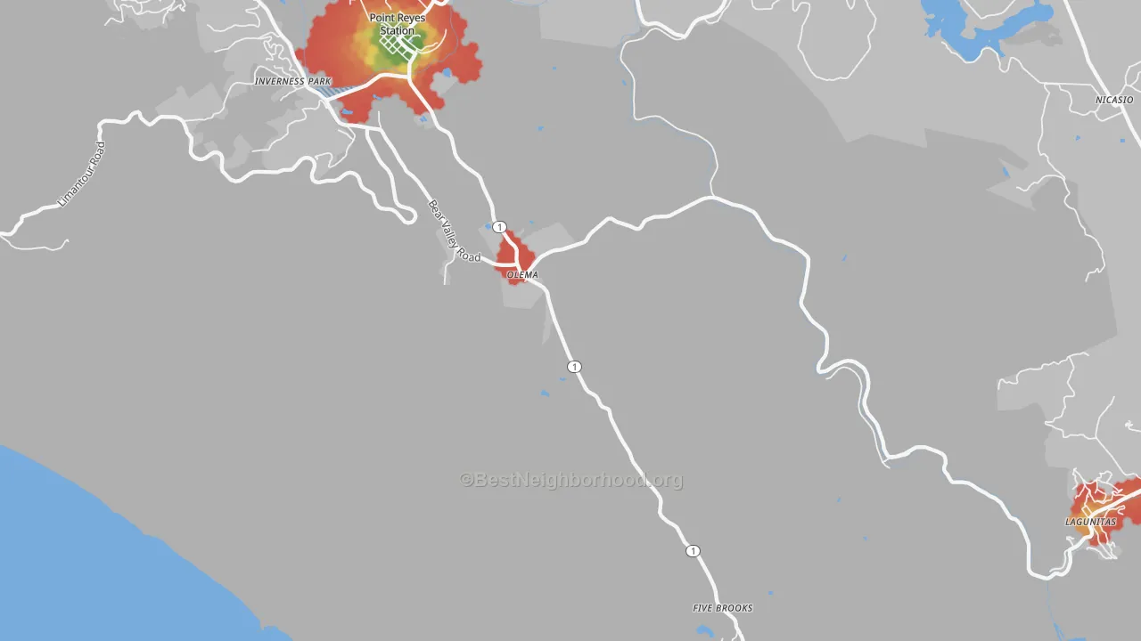 Walk Grade map of Olema, CA, walkable areas in green and car-dependent areas in red