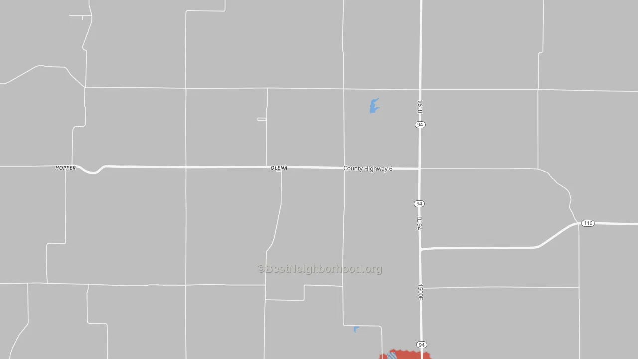 Walk Grade map of Olena, IL, walkable areas in green and car-dependent areas in red