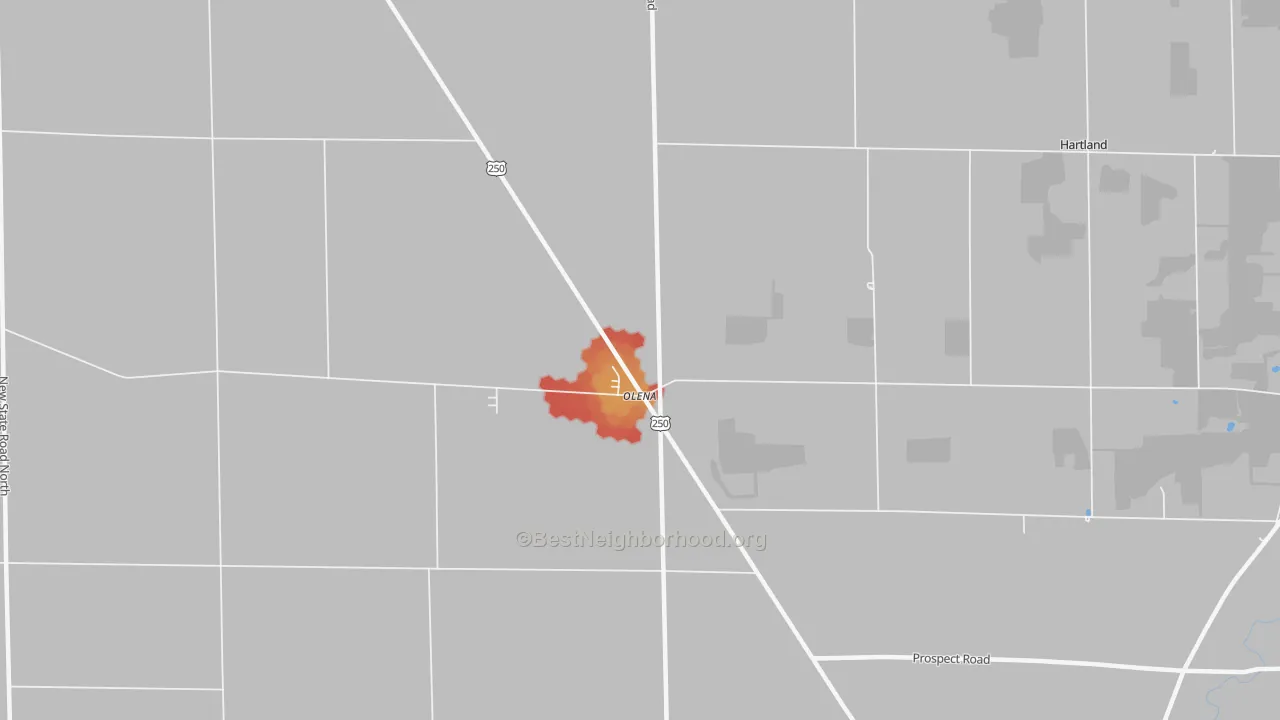 Walk Grade map of Olena, OH, walkable areas in green and car-dependent areas in red