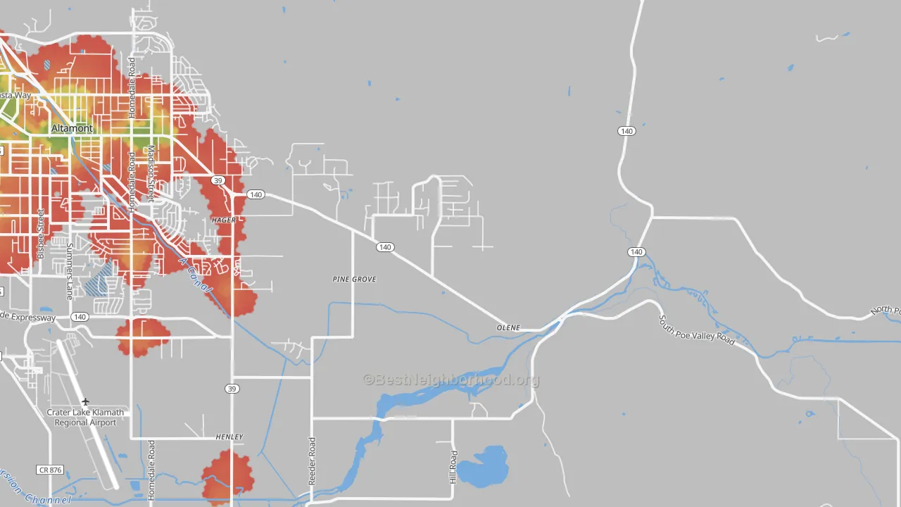Walk Grade map of Olene, OR, walkable areas in green and car-dependent areas in red
