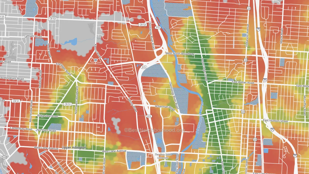Walk Grade map of Olentangy River Road, Columbus, OH, walkable areas in green and car-dependent areas in red