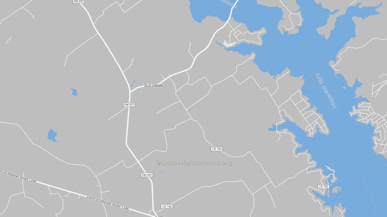 Walk Grade map of Oletha, TX, walkable areas in green and car-dependent areas in red