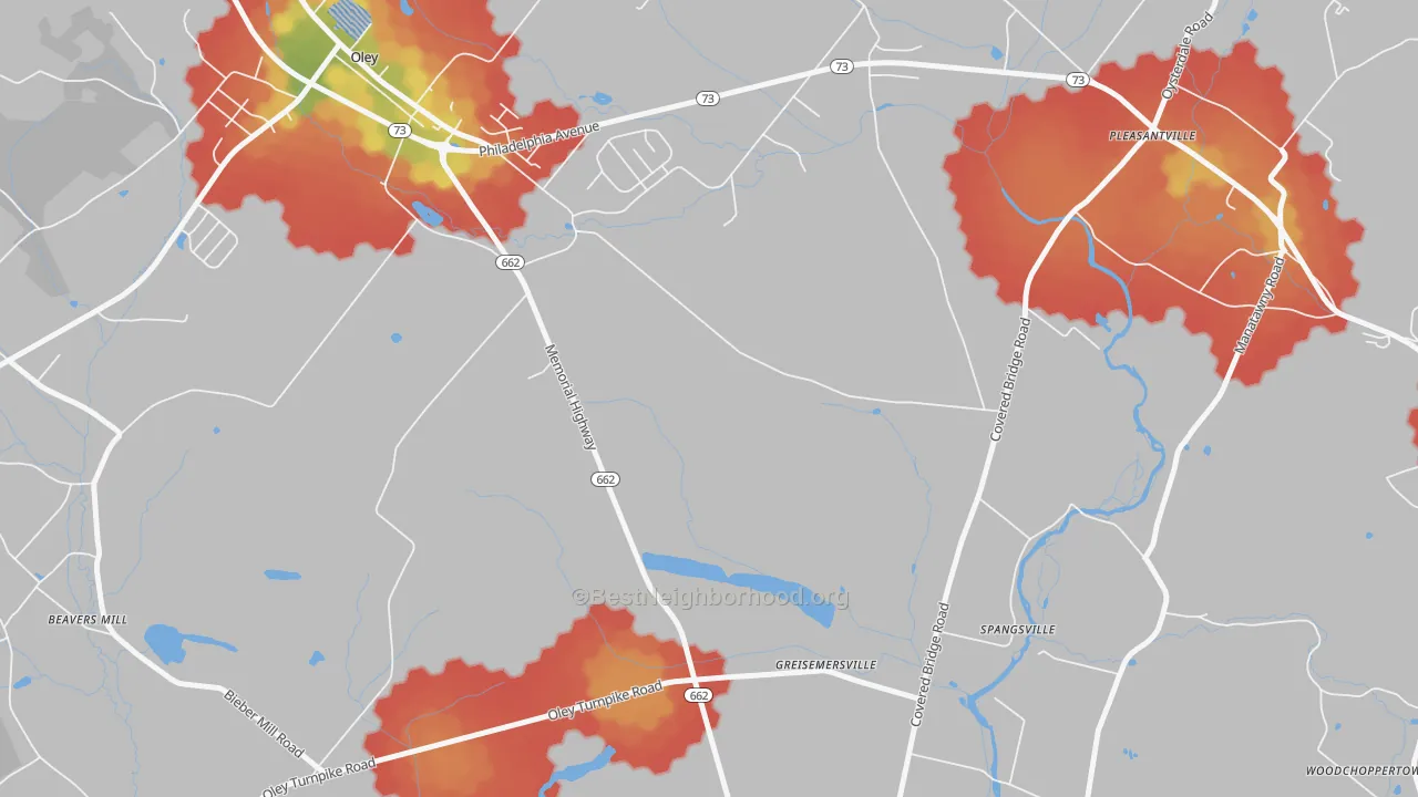 Walk Grade map of Oley Furnace, PA, walkable areas in green and car-dependent areas in red