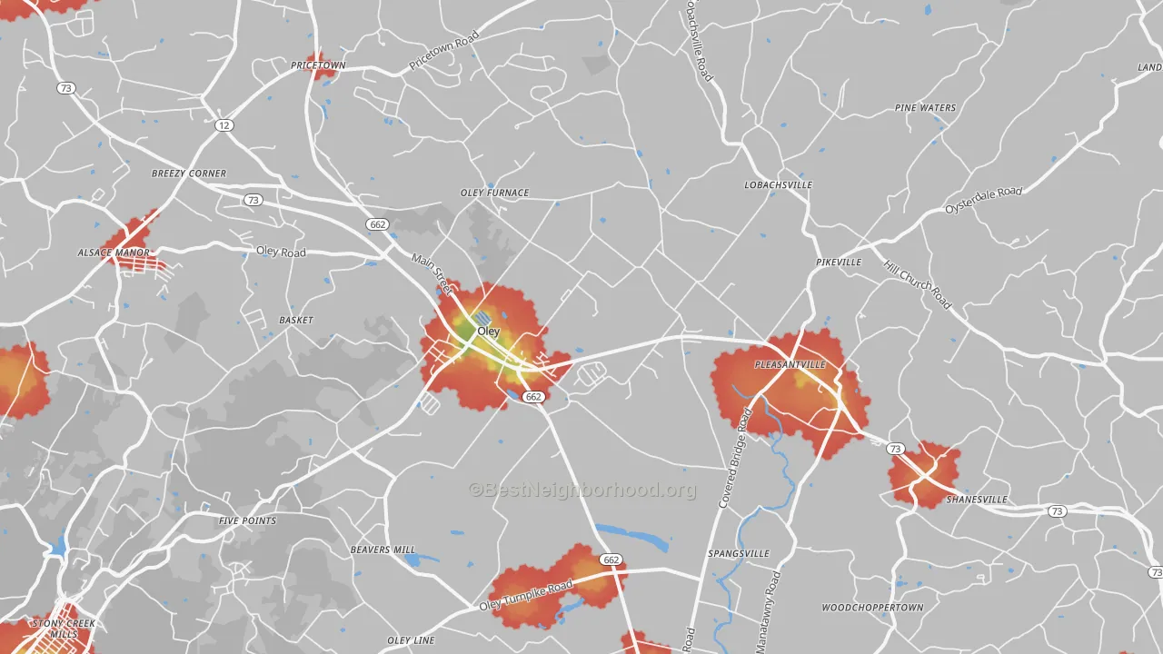 Walk Grade map of Oley, PA, walkable areas in green and car-dependent areas in red