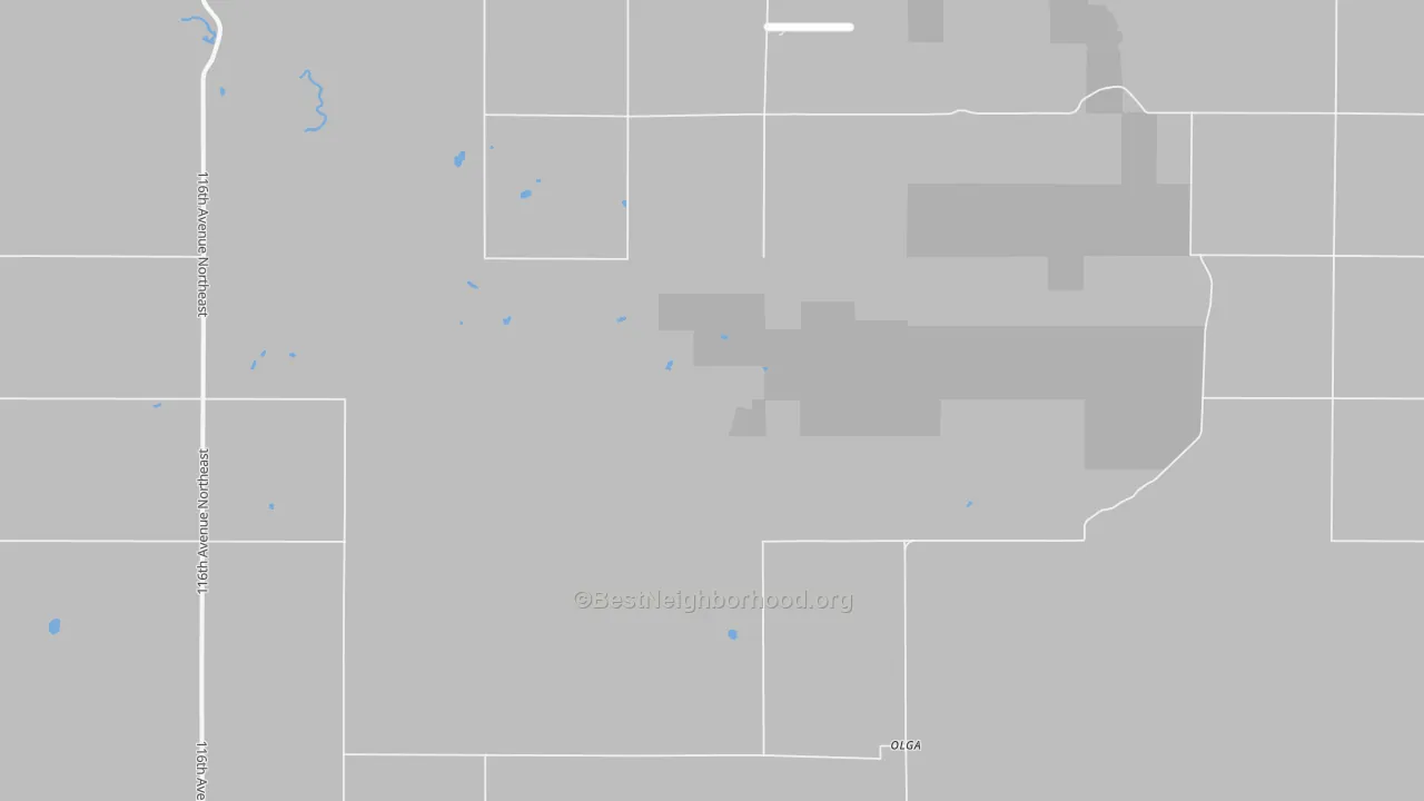 Walk Grade map of Olga, ND, walkable areas in green and car-dependent areas in red
