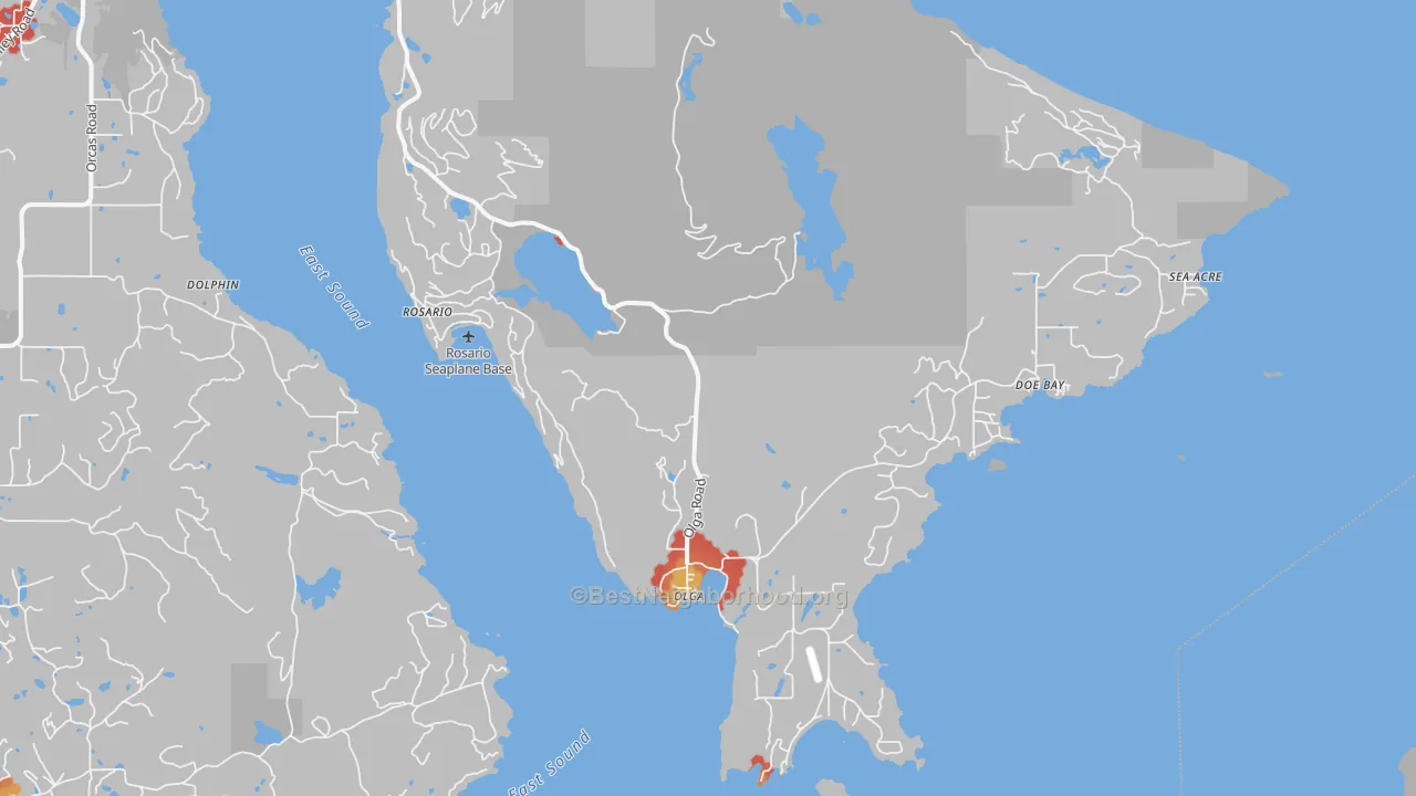 Walk Grade map of Olga, WA, walkable areas in green and car-dependent areas in red