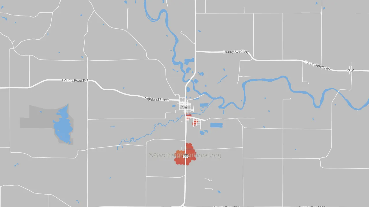 Walk Grade map of Olin, IA, walkable areas in green and car-dependent areas in red