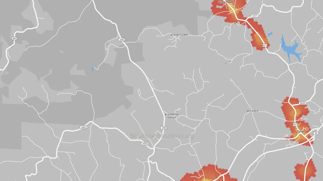 Walk Grade map of Olin, KY, walkable areas in green and car-dependent areas in red