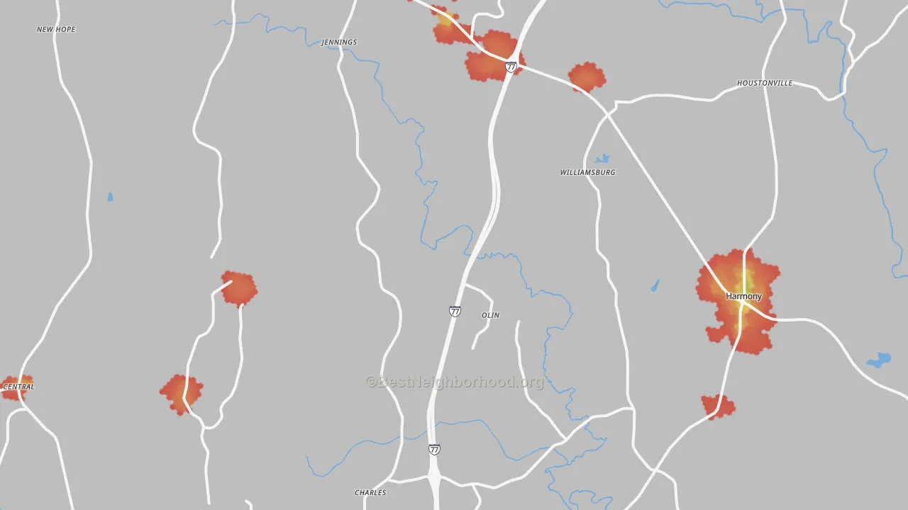 Walk Grade map of Olin, NC, walkable areas in green and car-dependent areas in red