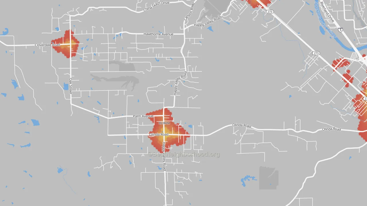 Walk Grade map of Olinda, CA, walkable areas in green and car-dependent areas in red