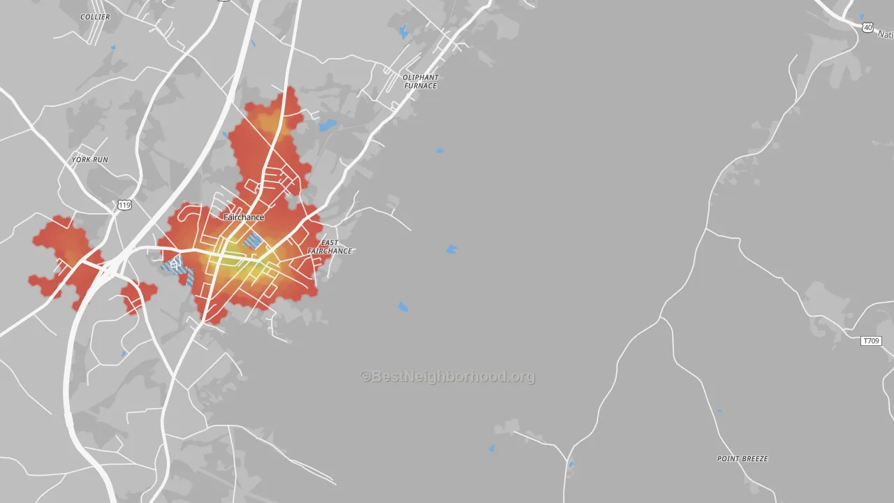 Walk Grade map of Oliphant Furnace, PA, walkable areas in green and car-dependent areas in red