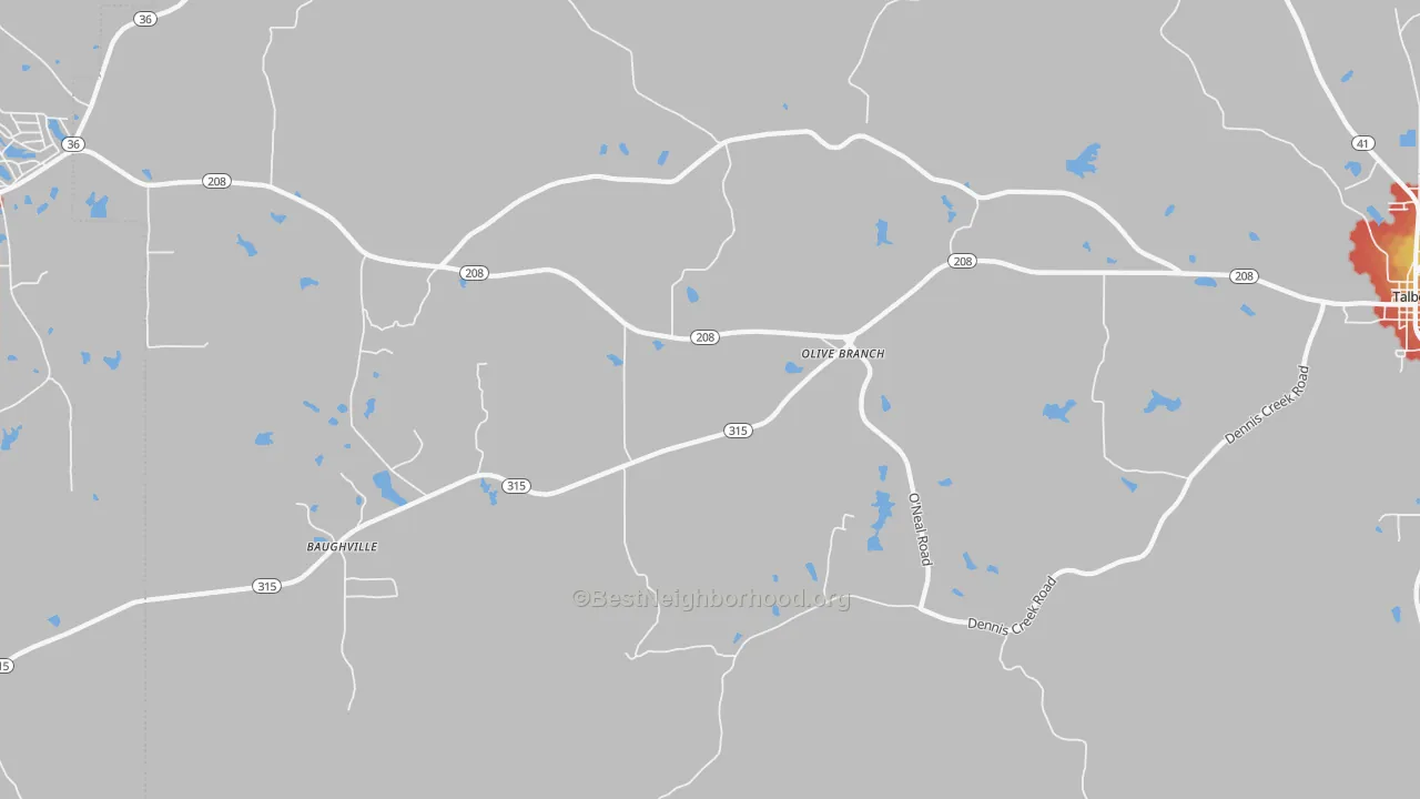 Walk Grade map of Olive Branch, GA, walkable areas in green and car-dependent areas in red