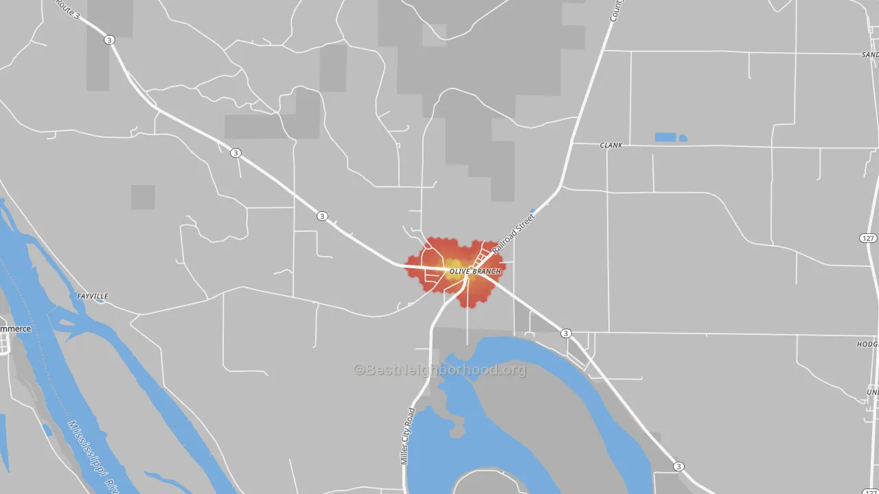 Walk Grade map of Olive Branch, IL, walkable areas in green and car-dependent areas in red